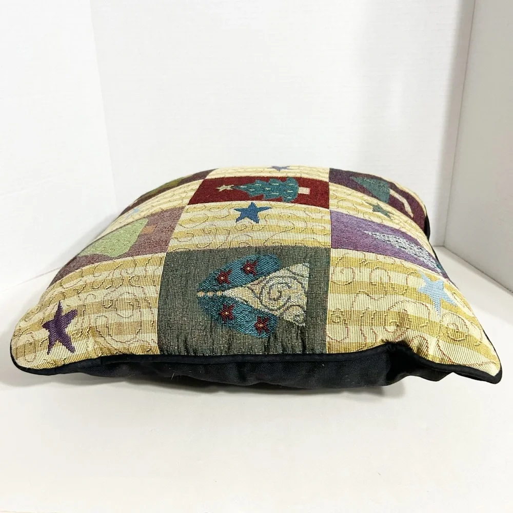 Unbranded Vintage Christmas Tree and Star Tapestry Holiday Pillow with Cord Trim